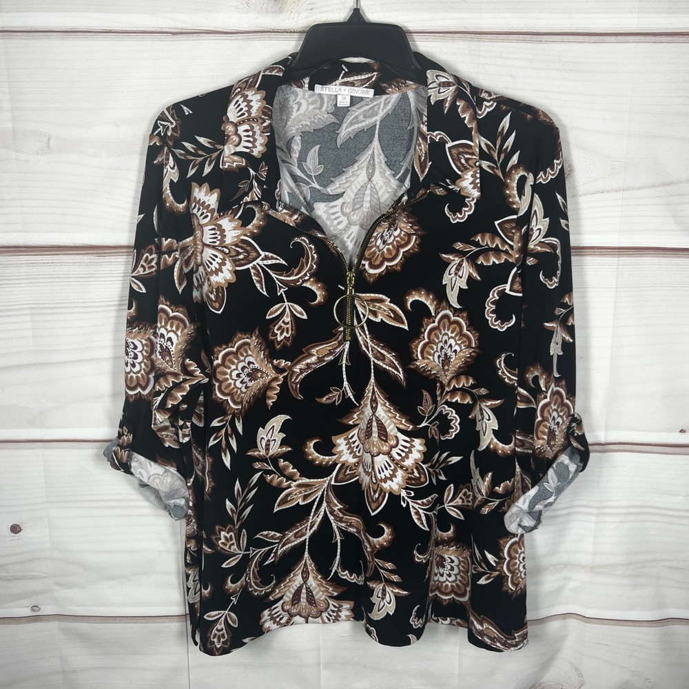 STELLA + GINGER Top Womens 2X Black Floral Paisley Quarter Zip Roll Tab Sleeve‎